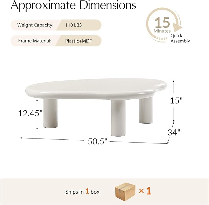 HULALA HOME Modern Cloud-Inspired Coffee Table with Asymmetrical Lacquered Top, Adjustable Legs & Rounded Corners, 50.5”W Contemporary Center Table for Living Room/Office, Holds 110 LBS, Easy Assembly