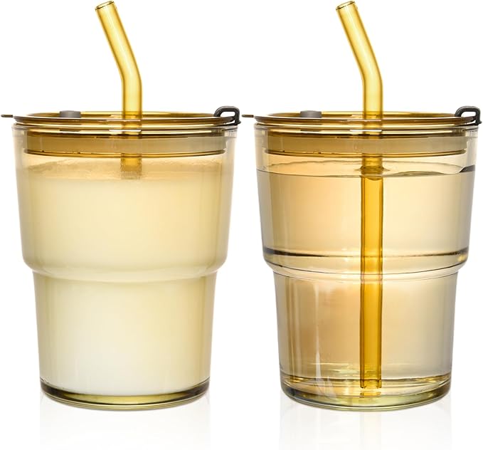 13oz Glass Cups with Straw and Lid,Tumbler Water Glass,2 Pack Reusable Iced Coffee Tumbler with Lids,Glass to go Coffee Cup for Drinking Matcha, Water, and Juice.(Amber