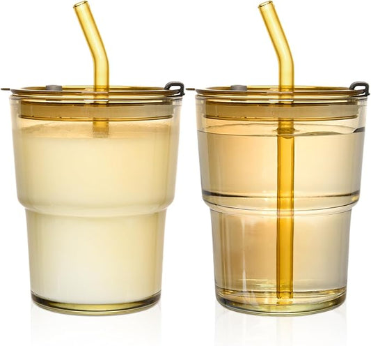 13oz Glass Cups with Straw and Lid,Tumbler Water Glass,2 Pack Reusable Iced Coffee Tumbler with Lids,Glass to go Coffee Cup for Drinking Matcha, Water, and Juice.(Amber