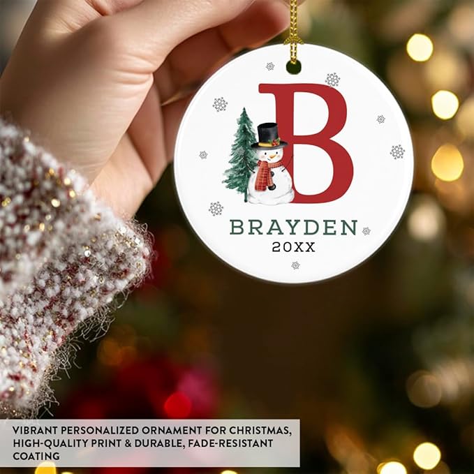 Andaz Press Personalized Christmas Ornament, Custom Name, Initial B Monogram Snowman 2.8" Ceramic Porcelain 2025 Christmas Ornament Keepsake for Kids, Boys, Girls, 1-Pack Initial Ornaments