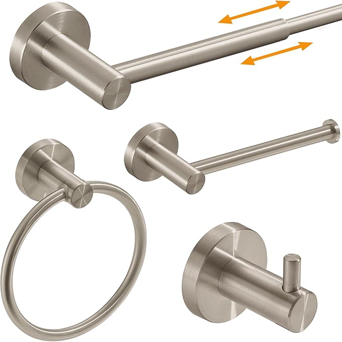 BESy 4 Piece Bathroom Accessories Set (Adjustable 16 to 26 Inch Towel Bar, Towel Ring, Toilet Paper Holder,Towel Hook), Wall Mounted Bath Hardware Accessory Fixtures Set,Stainless Steel/Brushed Nickel