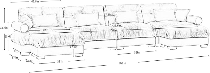 166" Oversized Couch, 4 Seater Modular Sectional Sofa, Beige White Large U Shaped Sectional Couches, Fluffy Couch Set, 4 Seater, Velvet Cloud Couches with Ottoman, Sofas for Living Room