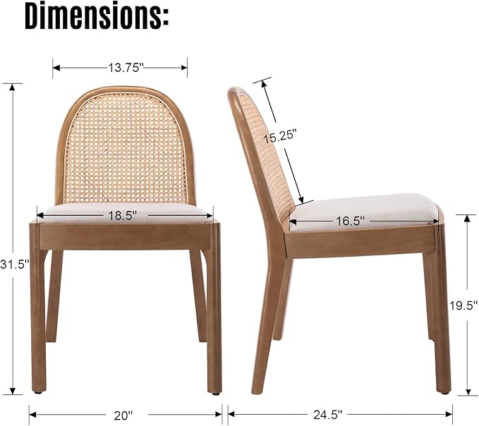 LukeAlon Linen Dining Chairs Set of 2, Natural Woven Cane Back Side Chairs with Solid Wood Legs Mid Century Dinner Chairs for Kitchen Living Room, Beige