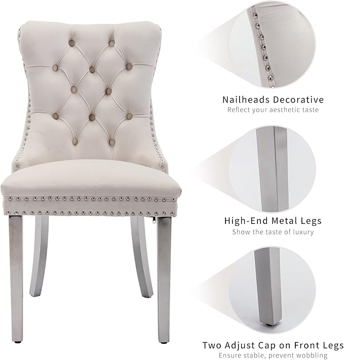 Luxury Upholstered Dining Chairs Set of 4, Beige Kitchen Chair with Silver Metal Legs, Velvet Tufted Back Dining Chair, Sillas de Comedor, Modern Kitchen & Dining Room Chairs (Beige, 4 Pcs)