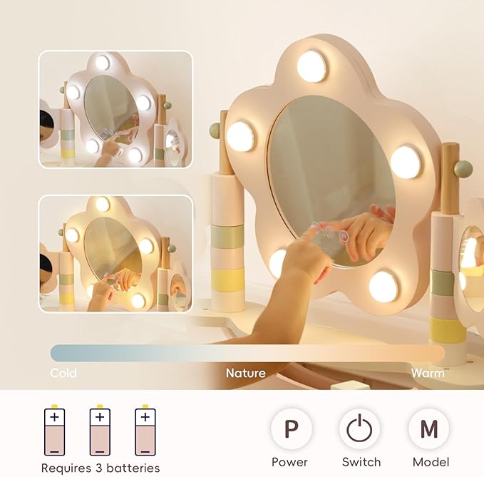 OOOK Kids Vanity Table and Chair Set with Lights, Makeup Vanities with Touch Screen 3 Colors, Pink Girls Vanitys, Enough for Real and Pretend Makeup, Toddler Vanity for 3 Year Old