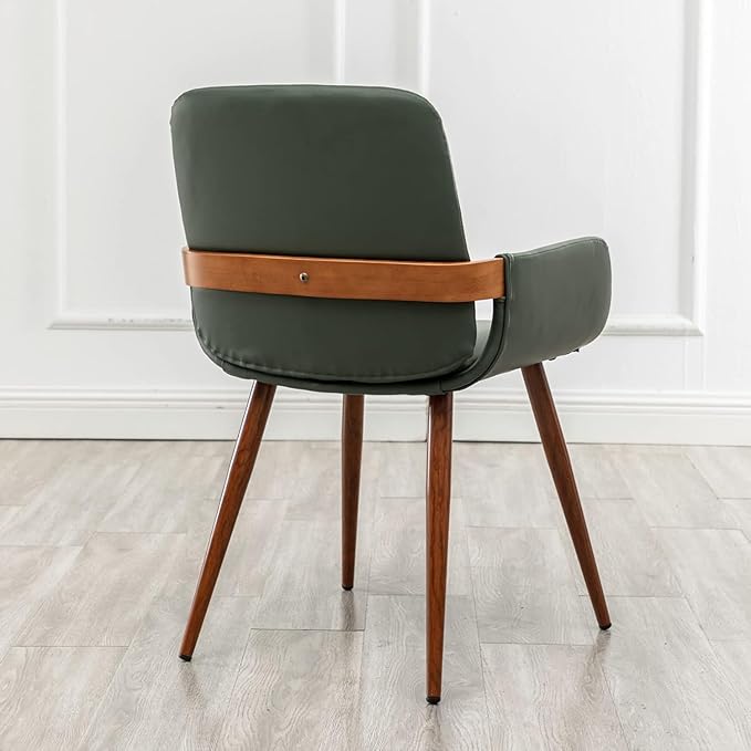 LUNLING Mid Century Modern Faux Leather Dining Room Chairs,Upholstered Seat Metal Legs Chairs Green Faux Leather Kitchen Chair Reception Room Chair 1PCS