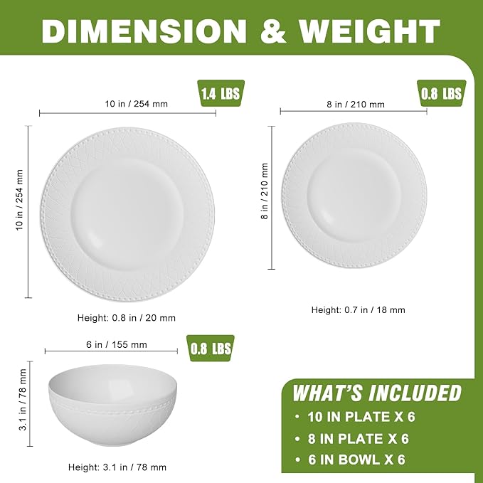 Yoshy Bone China Dinnerware with Lightweight Durable Chip Resistant Design Service for 4 (18 Piece - Service for 6, Interlace)