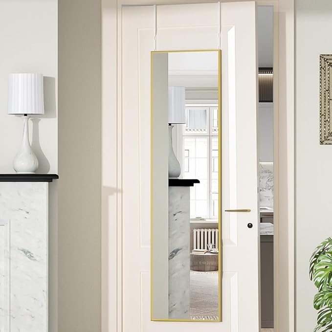 BEAUTYPEAK 14" x 48" Adjustable Height Over The Door Mirror, Rectangular Full Length Hanging Door Mirror with Shatterproof Tempered Glass Aluminum Alloy Frame for Dormitory, Gold