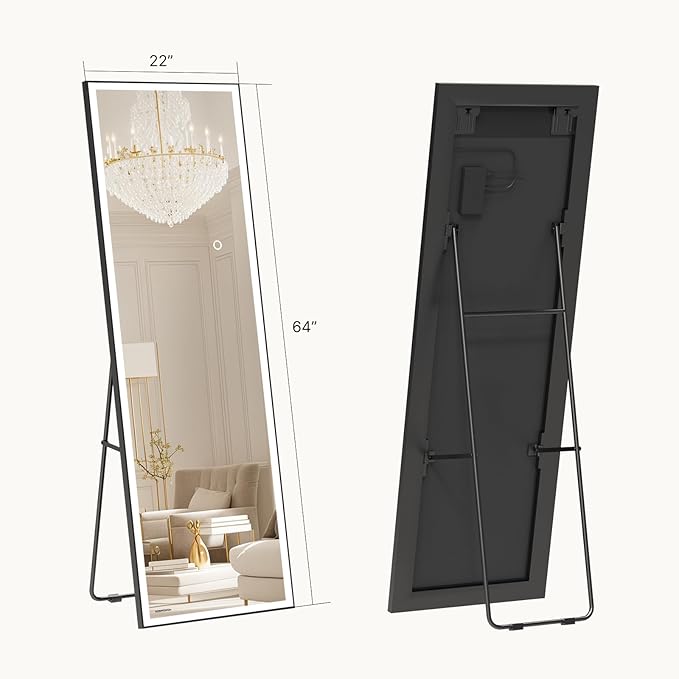 Kosmonia 64x22 Full Length Mirror, Dimmable 3 Color LED Light w/Light Memory, Distortion Free Silver Coating Mirror, HD Reflection &Anti Desilvering,Tempered Glass &Shatter Proof Film Doubles Safety