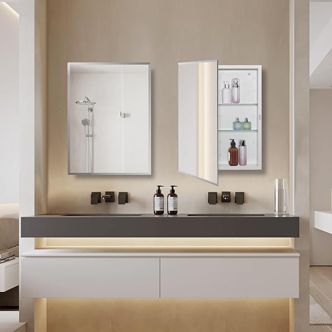 Bathroom Medicine Cabinet with Beveled Edge Mirrored Door 24 x 30 inch, Recessed or Surface Mount, with Adjustable Glass Shelves