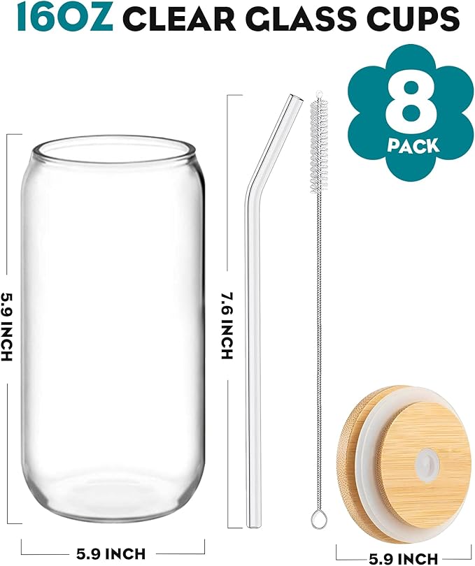 Drinking Glasses with Bamboo Lids and Glass Straw 8PCS Set, 16oz Glass Cups with Lids and Straws, Beer, Iced Coffee Glasses, Soda, Gift 2 Cleaning Brushes