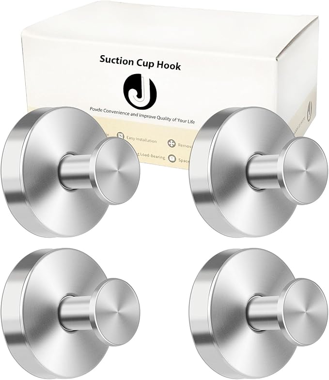 Suction Cup Hooks for Shower Towels Robes, Heavy Duty Bathroom Shower Hooks Stainless Steel, No Drill on Smooth Wall,Glass,Mirror, Tile in Bedroom Kitchen to Hang Swimsuit Washcloths (4, Silver)
