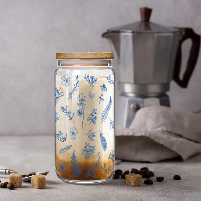 Blue Floral Iced Glass Cups with Bamboo Lids and Straws 16oz Wildflower Coffee Cup Gift for Women Cute Flower Drinking Glass with Cleaning Brushes, Blue Flower Gifts for Birthday Bridesmaid Party