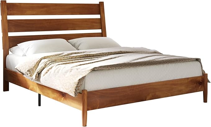 VanAcc Solid Wood Full Bed Frame, Platform Bed with Reclining Slatted Headboard, Mid Century Bed Frame with Wood Slat Support, Light Brown