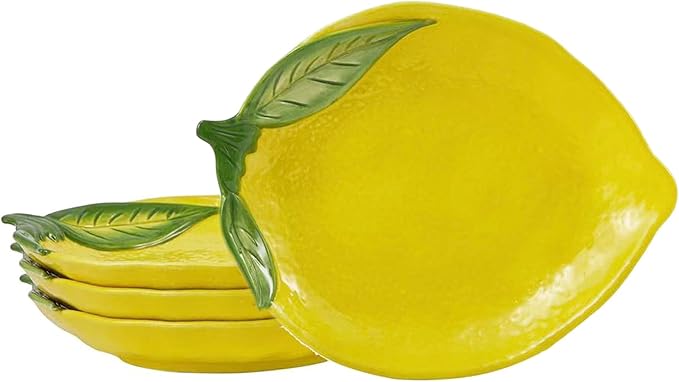 Bico Lemon Shape Handpainted 8 inch Stoneware Salad Plates Set, Set of 4, Microwave & Dishwasher Safe, for Salad, Appetizer, Tapas, Picnic