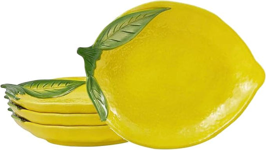 Bico Lemon Shape Handpainted 8 inch Stoneware Salad Plates Set, Set of 4, Microwave & Dishwasher Safe, for Salad, Appetizer, Tapas, Picnic