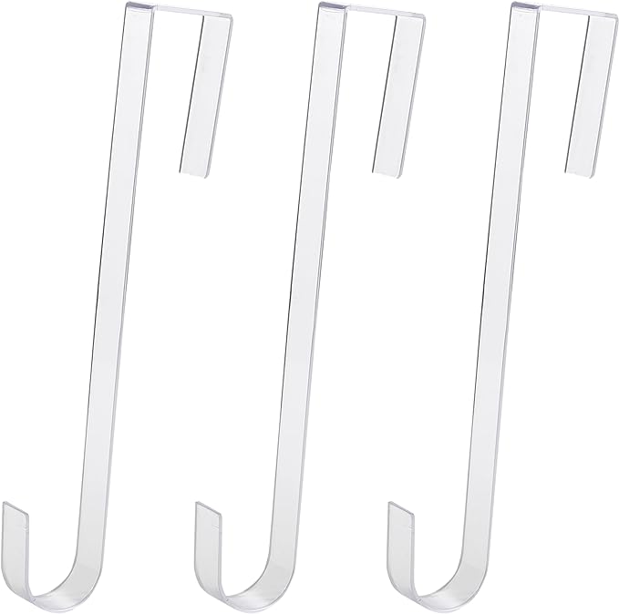 Non Scratch 100% Clear 12in Wreath Hanger 3Pk. Slim Christmas Wreaths Holders for Hanging Fall Halloween Decorations Over Front or Garage Door. Best Long Hooks for Indoor or Outdoor Home Decor.