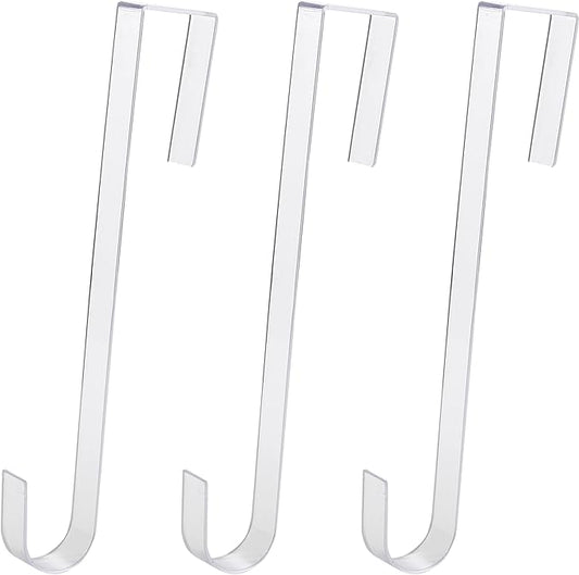 Non Scratch 100% Clear 12in Wreath Hanger 3Pk. Slim Christmas Wreaths Holders for Hanging Fall Halloween Decorations Over Front or Garage Door. Best Long Hooks for Indoor or Outdoor Home Decor.