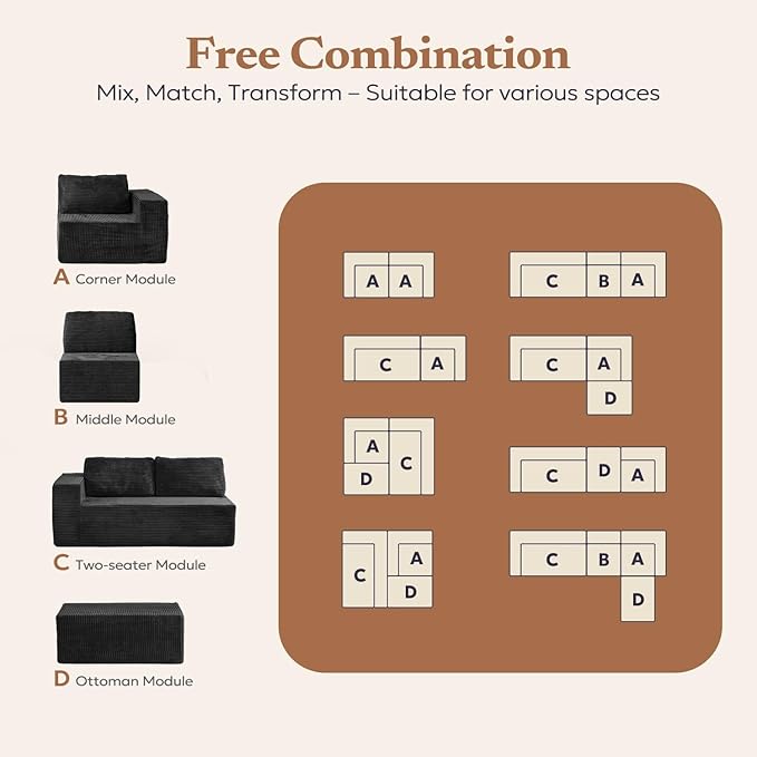 136" Modular Sectional Sofa with L-Shape Chaise, Right/Left Facing Deep Seat Cloud Couch, No Assembly Required, Upholstered Couch for Living Room Bedroom (Black, Plush Corduroy Fabric)