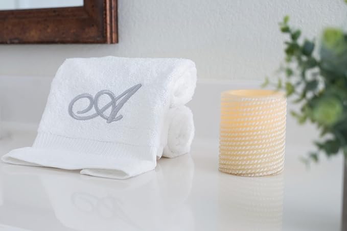 White Monogrammed Hand Towels for Bathroom - Luxury Hotel Quality Personalized Initial Embroidered Towel for Powder Room, Spa - GOTS Organic Certified - Pack of 2 Silver, Letter A