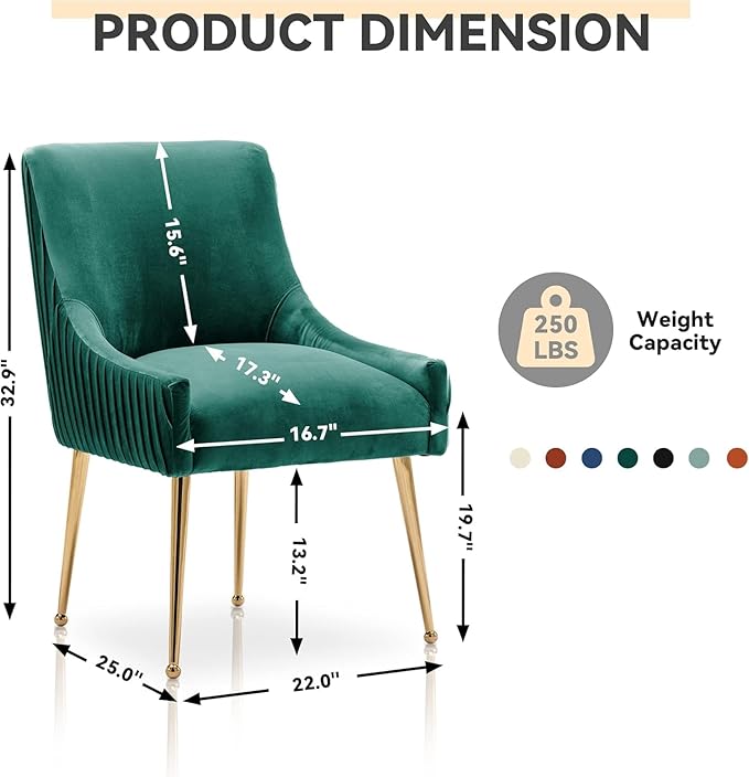 Dining Chairs, Accent Chairs Set of 8, Modern Upholstered Kitchen Dining Room Chairs with Gold Legs, Fabric Tufted Velvet Living Room Chairs for Reception Room Bedroom Guest Room (Deep Green)
