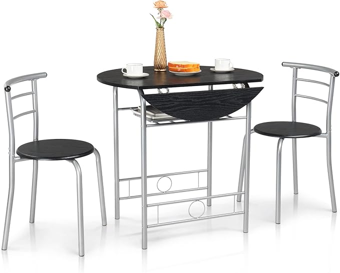 VINGLI 31.5" Drop Leaf Dining Table Set 3 Pieces for Small Space,Small Kitchen Table Set for 2,Round Folding Dining Table with 2 Chairs for Home,Kitchen,Apartment,Silver&Black