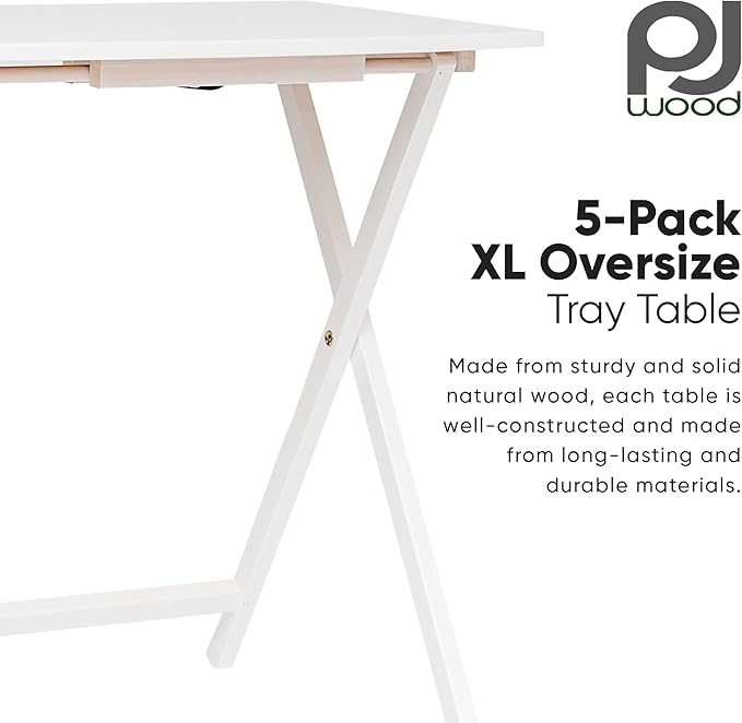 PJ Wood 5 Pack XL Oversize Tray Table for Living Room or Kitchen, Indoor TV Tray Set for Small Spaces and Family Gatherings, White