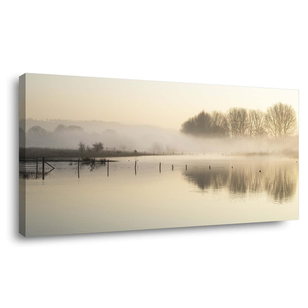TEKMENT Beige Lake landscape Wall Art for Bedroom Canvas Painting Prints Beautiful Woods Morning Mist Fishing Nets Warm Yellow Art Deco Nature Artwork Office Family Decor