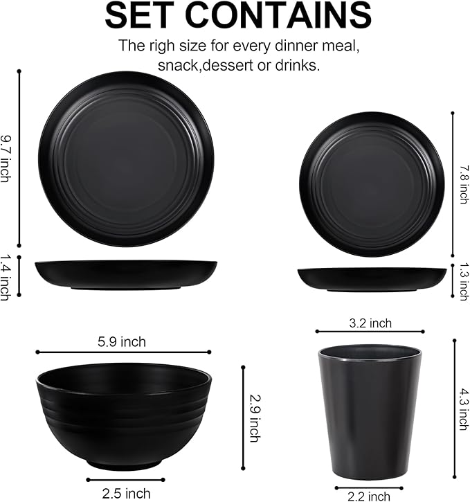 LIYH 24 Pcs Wheat Straw Dinnerware Sets Unbreakable Dinner Plates and Bowls Set Black Plastic Dinnerware Set Include 12Pcs Wheat Straw Plates 6Pcs Bowls 6Pcs Cups Dish Set for Kitchen&Camping
