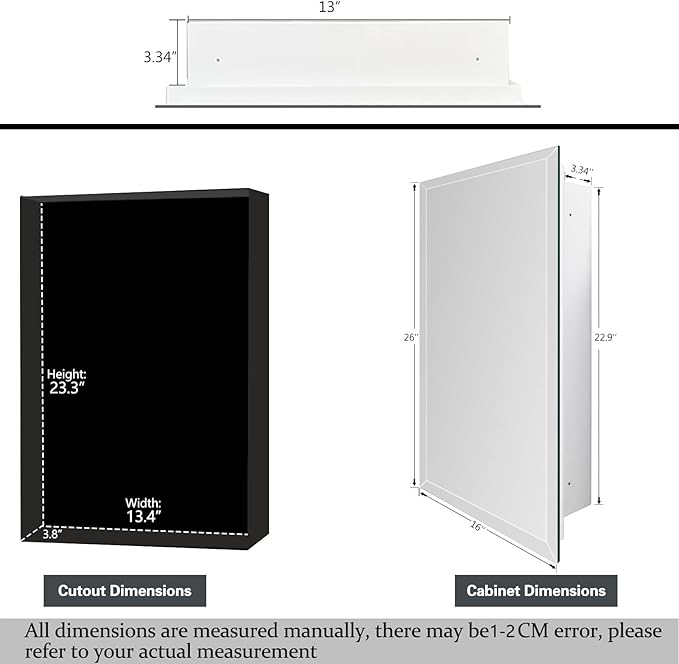 Bathroom Medicine Cabinet with 16"x26" Frameless Mirror, Rectangular Beveled Frameless Mirror Cabinet,Wall Mounted Cabinet for Bathroom Toilet Kitchen,Recess or Surface Mount Installation
