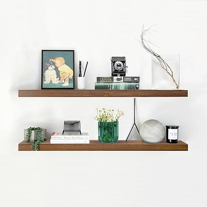 Homeforia Classic Walnut 42 inch Floating Shelf, High End Solid Real Wood Small 42inch Floating Shelves for Wall Mounted, 42in Floating Shelves, Heavy Duty Bracket, 42 X 6.5 X 1.75 inches, Set of 2