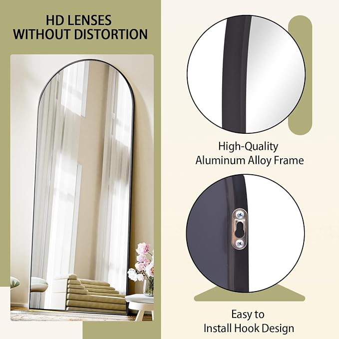 BEAUTYPEAK 71"x26" Arch Full Length Mirror, Full Body Floor Mirror with Stand Hanging or Leaning, Aluminum Alloy Frame Wall Mirrors for Bedroom, Dressing Room, Black