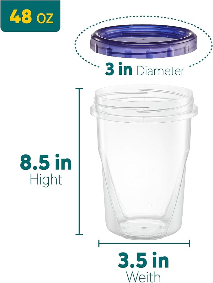 PLASTICPRO 6 Pack Twist Cap Food Storage Containers with Blue Screw on Lid- 48 oz Reusable Meal Prep Containers - Large Freezer Containers Microwave Safe Blue Plastic Food Storage