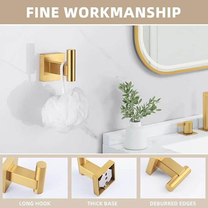 Suyar Brushed Gold Towel Hook, SUS 304 Stainless Steel Coat Robe Hook, Bathroom Towel Holder for Wall