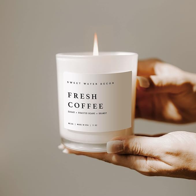 Sweet Water Decor Fresh Coffee Candle - Kona Coffee, Mocha Latte, Caramel Creme Scented Soy Candles for Home - 11oz White Jar with Wood Lid, 50+ Hour Burn Time, Made in The USA