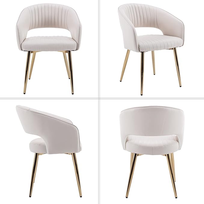 Modern Dining Chairs Set of 4, Upholstered PU Leather Gold Dining Room Chairs with Hollow Back, Accent Armrest Kitchen Chairs with Gold Legs for Living Room Cream