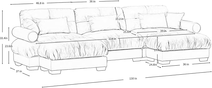 130" Oversized 3 Seater Modular Sectional Sofa, Beige White Large U Shaped Sectional Couches for Living Room, Fluffy Couch Set, Velvet Cloud Couch with Ottoman