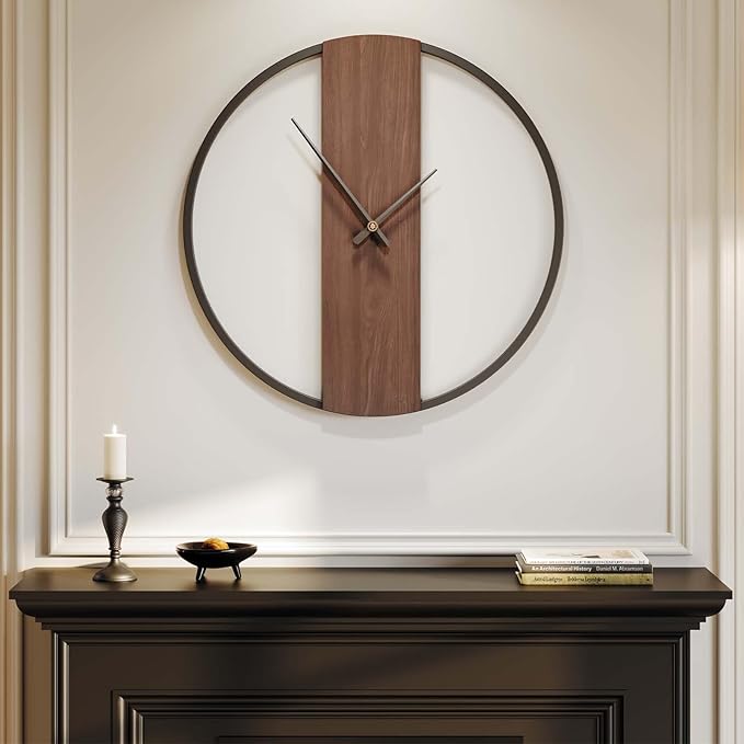 Large Wall Clock 24 Inch Decorative Modern Minimalist Wall Clocks for Living Room Decor, Silent Non Ticking Battery Operated Rustic Big Clock with Walnut Dial for Bedroom, Kitchen, Farmhouse, Office
