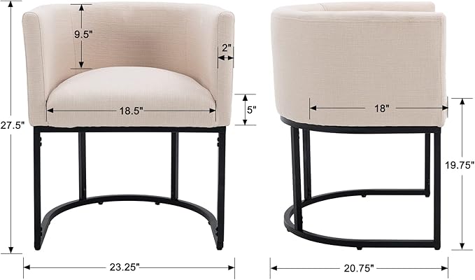 Linen Fabric Dining Chairs Set of 6 Modern Barrel Arm Chairs with Black Frame Upholstered Kitchen Chairs 18.5" Wide Accent Chairs for Living Room Dining Room Restaurant, Cream