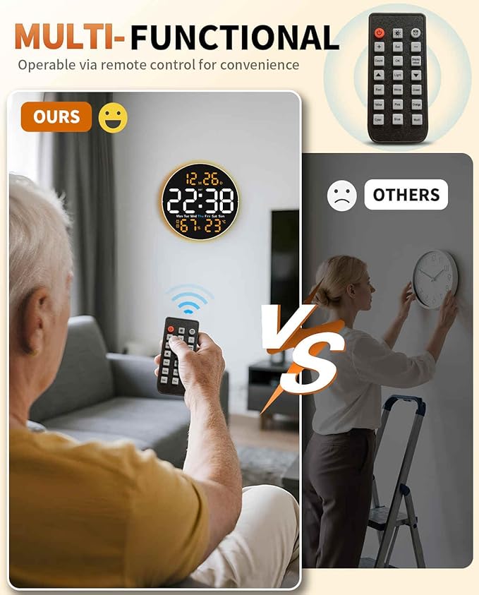 10 Inch Large Digital Wall Clock with 9 Color Changing Remote Control, Date Week Temperature, Auto Brightness Dimmer Big Clock Night Lights,Orange