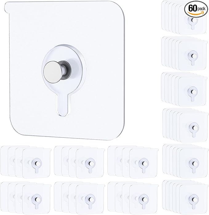 Uniclife 60 Pcs Self Adhesive Picture Hooks 33 lbs Max Load Heavy Duty Picture Hangers Without Nails Wall Hooks for Hanging Transparent Waterproof Frame Hangers Sticky Hook for Bathroom Kitchen