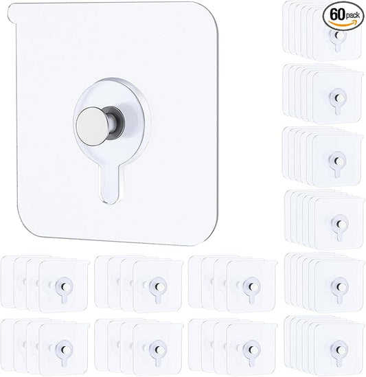 Uniclife 60 Pcs Self Adhesive Picture Hooks 33 lbs Max Load Heavy Duty Picture Hangers Without Nails Wall Hooks for Hanging Transparent Waterproof Frame Hangers Sticky Hook for Bathroom Kitchen