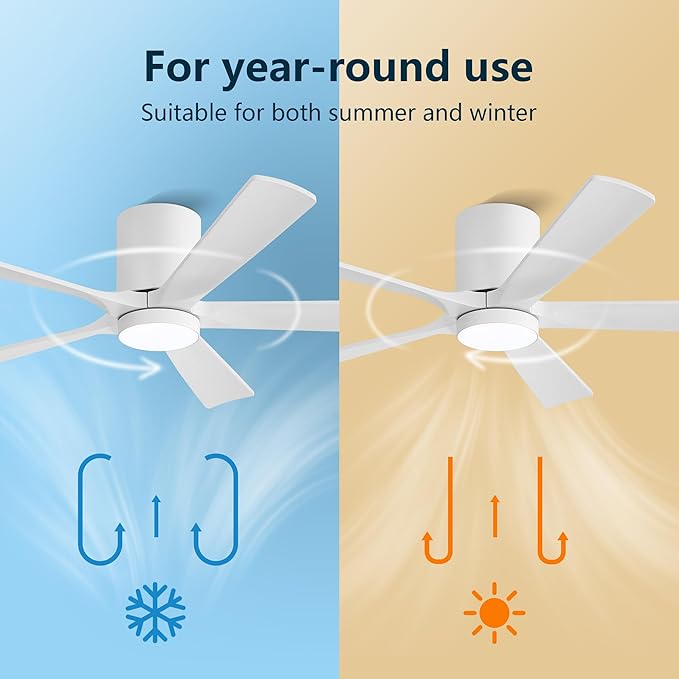 ELEHINSER 52 inch Low Profile Ceiling Fan with Light, 5 Solid Wood Blades, 6-Speeds, Quiet DC Motor, Timer, Flush Mount Modern Ceiling Fan with Remote for Living Room Bedroom, White