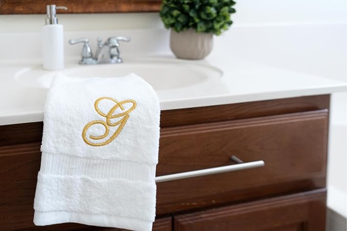 White Monogrammed Hand Towels for Bathroom - Luxury Hotel Quality Personalized Initial Embroidered Towel for Powder Room, Spa - GOTS Organic Certified - Set of 2 Gold Letter G