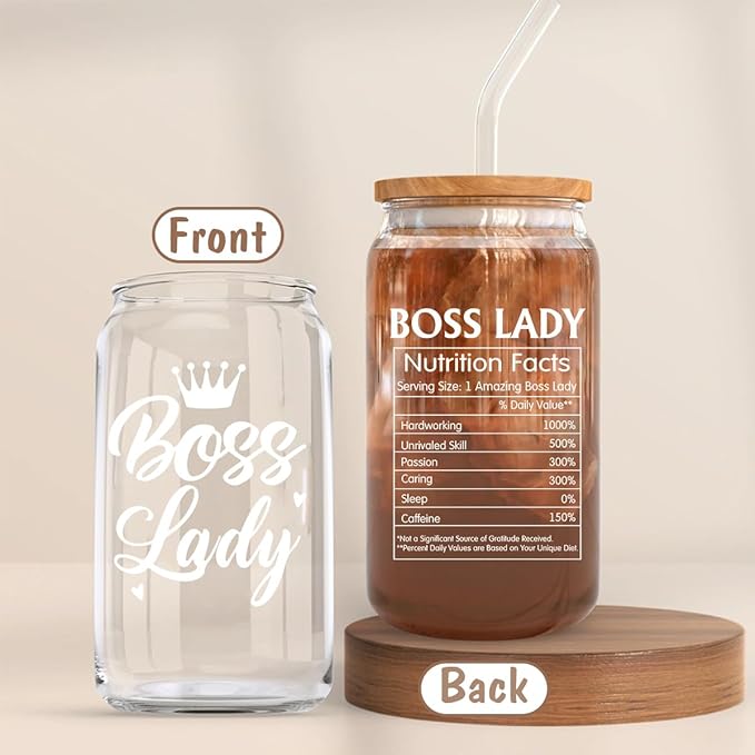 Boss Lady Gifts for Women, Gifts for Boss Female, 16oz Glass Coffee Cup, Boss lady Nutrition Cup,Thank You Appreciation Gift for Coworker Friend, Birthday Gift for Boss Lady Leader
