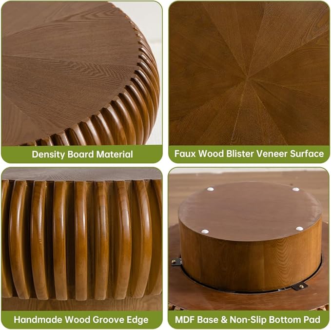 Brown Round Coffee Table for Living Room Round Fluted Drum Coffee Table Modern Walnut Fluted Coffee Tables for Living Room (Walnut, 31.4 inch)