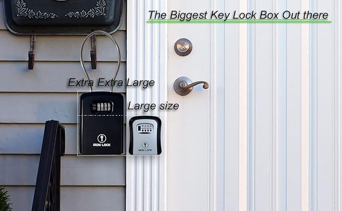 Iron Lock® Key Lock Box Portable with Cable Shackle & Wall Mount – Waterproof Heavy Duty Metal Lock Box for Keys with 4-Digit Combination Code on Door Knob, Fence, Pipe or Gate (Black, XXL)