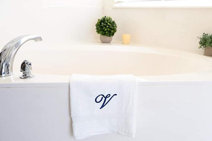 White Monogrammed Hand Towels for Bathroom - Luxury Hotel Quality Personalized Initial Embroidered Towel for Powder Room, Spa - GOTS Organic Certified - Set of 2 Navy Letter V