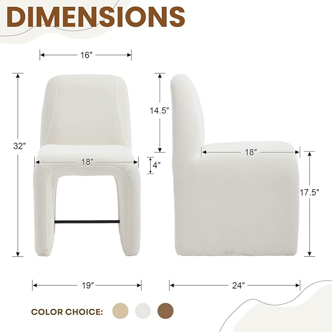 White Upholstered Chenille Dining Chairs Set of 4, Mid Century Modern Dining Room Chairs with Deep Seat & Curved Back, Armless Side Chair Comfy Kitchen Chairs for Living Room/Kitchen