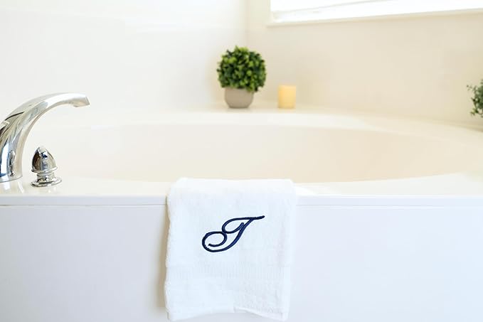 White Monogrammed Hand Towels for Bathroom - Luxury Hotel Quality Personalized Initial Embroidered Towel for Powder Room, Spa - GOTS Organic Certified - Set of 2 Navy Letter T
